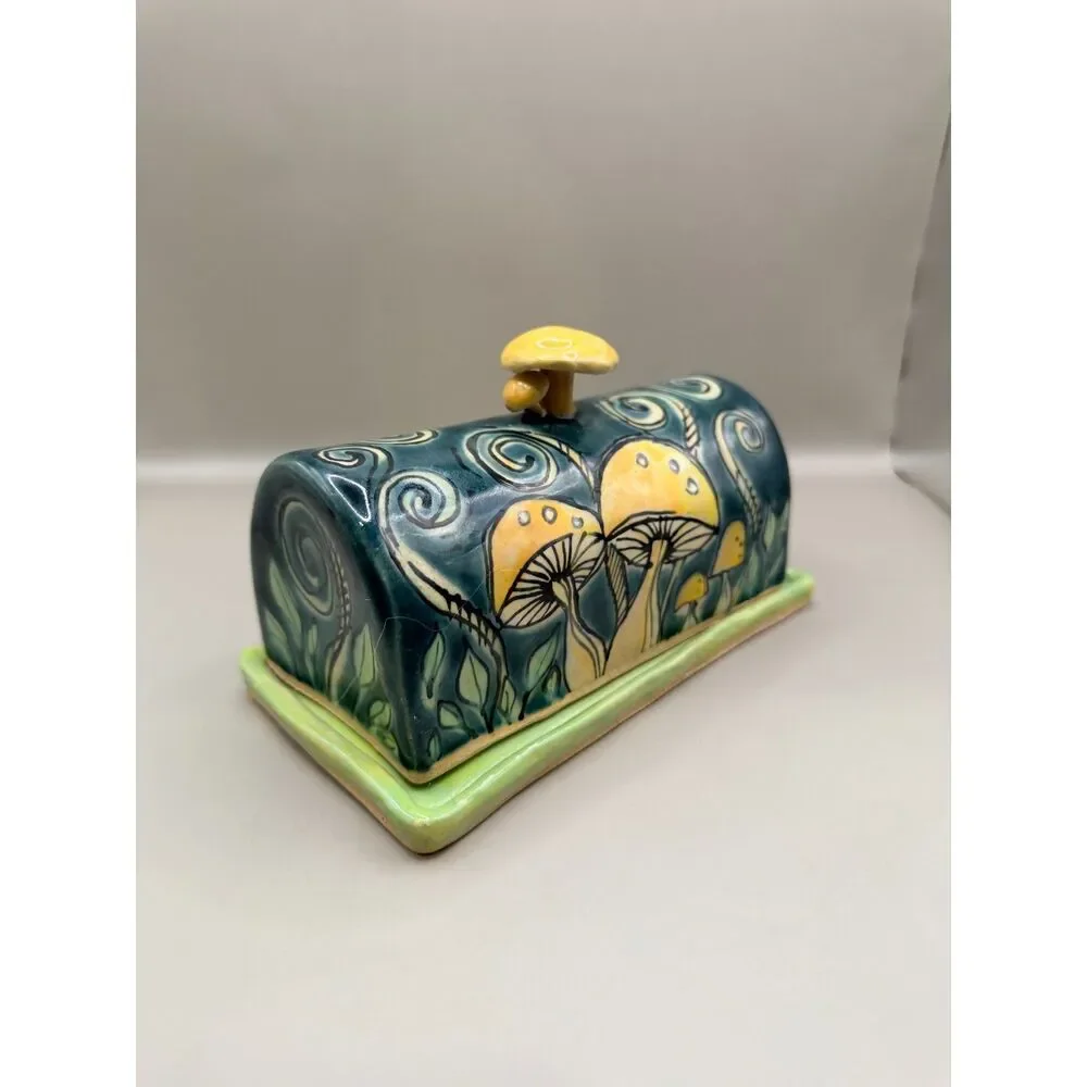 Handmade Hand Painted Ceramic Mushroom Butter Dish Cottagecore Whimsical Pottery